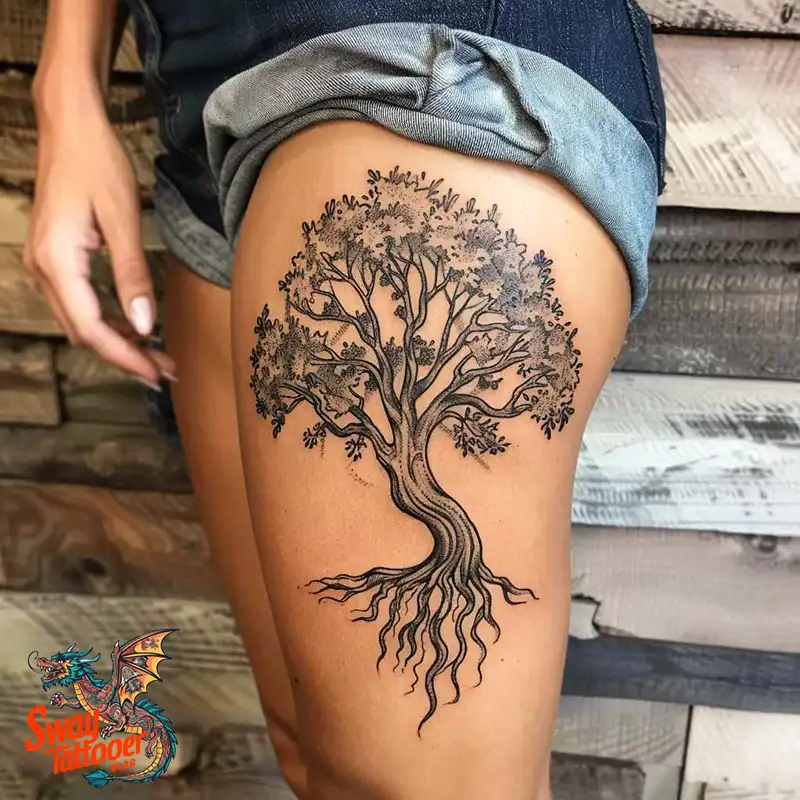100 Tree on Thigh Tattoo Designs: Nature's Beauty on Skin 51 Tree on Thigh Tattoo