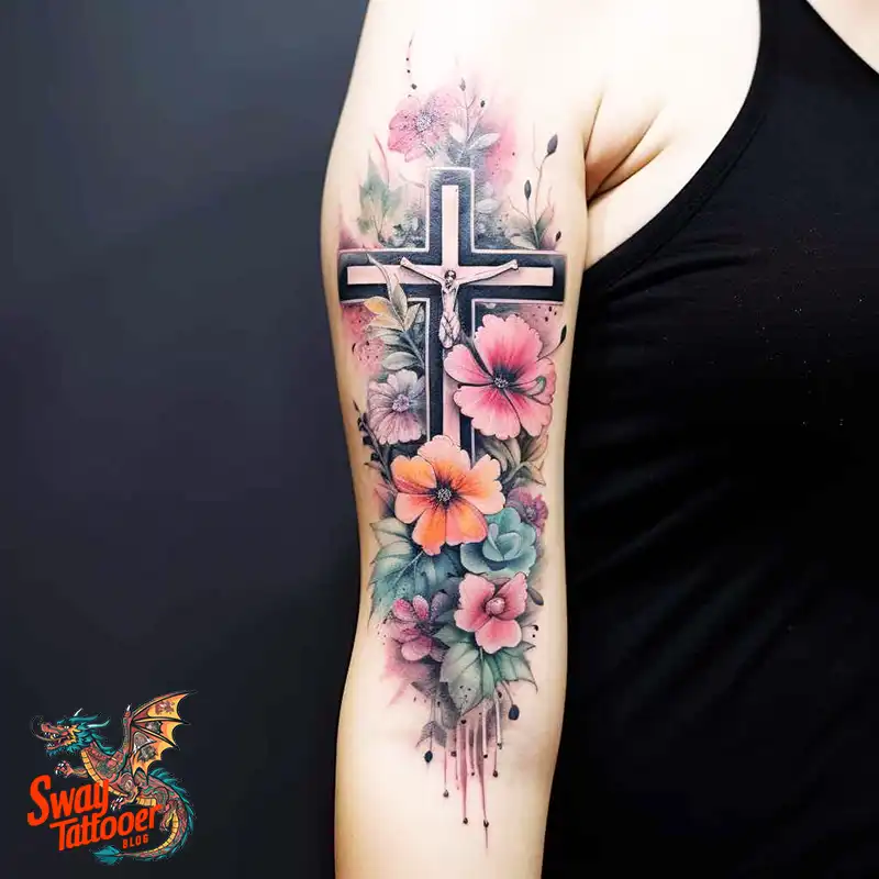 50 Cross with Flowers Tattoos: Blend of Faith and Nature 34 Cross Flower Tattoo