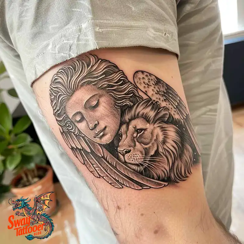 60 Angel and Lion Tattoo Design Ideas: Meaning & History 61 angel and lion