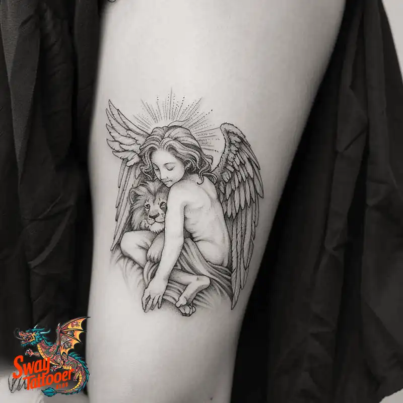 60 Angel and Lion Tattoo Design Ideas: Meaning & History 53 angel and lion11