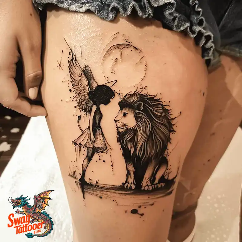 60 Angel and Lion Tattoo Design Ideas: Meaning & History 48 angel and lion13