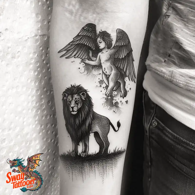 60 Angel and Lion Tattoo Design Ideas: Meaning & History 47 angel and lion14
