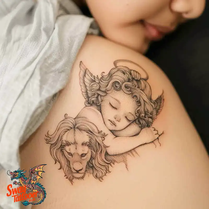 60 Angel and Lion Tattoo Design Ideas: Meaning & History 43 angel and lion18