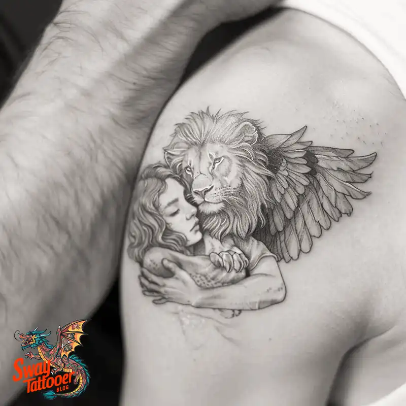 60 Angel and Lion Tattoo Design Ideas: Meaning & History 59 angel and lion2