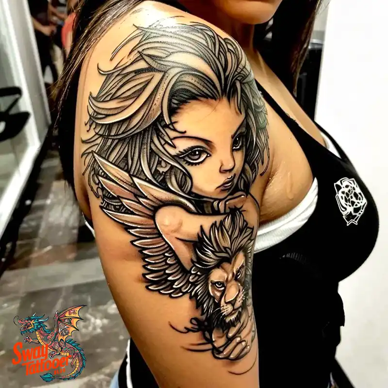 60 Angel and Lion Tattoo Design Ideas: Meaning & History 36 angel and lion25