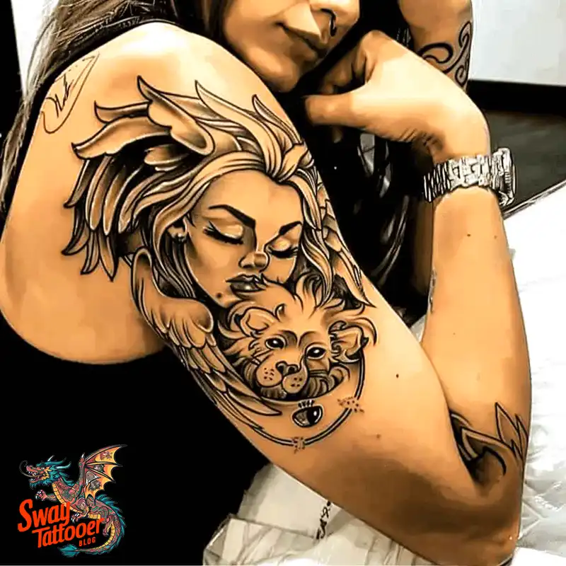60 Angel and Lion Tattoo Design Ideas: Meaning & History 35 angel and lion26