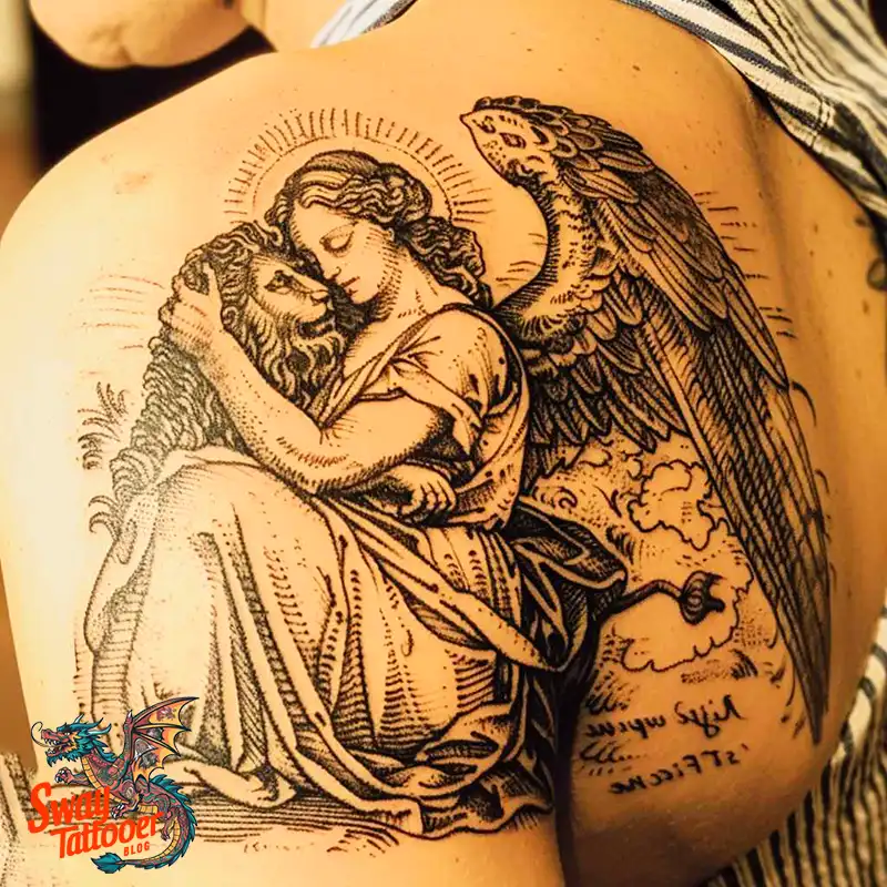 60 Angel and Lion Tattoo Design Ideas: Meaning & History 33 angel and lion28