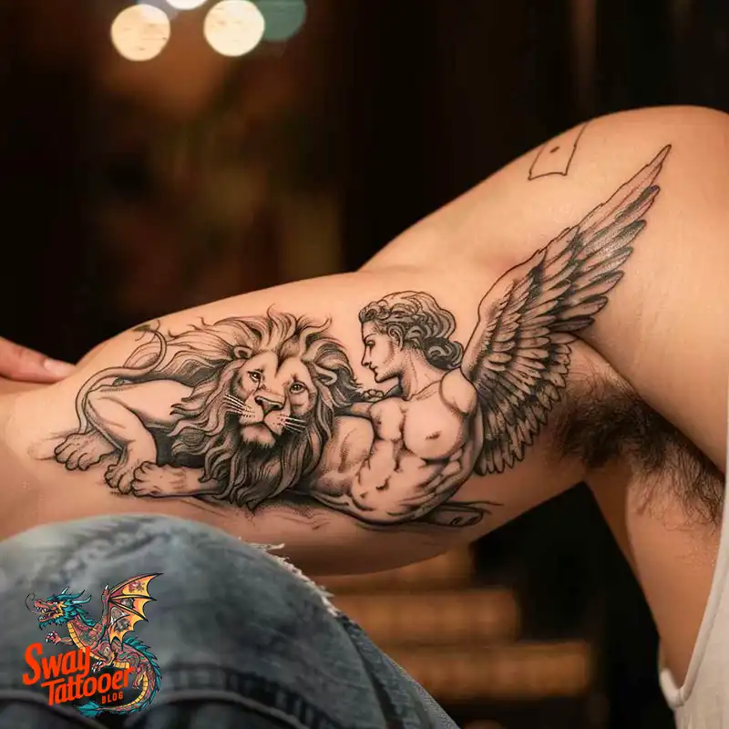 60 Angel and Lion Tattoo Design Ideas: Meaning & History 58 angel and lion3
