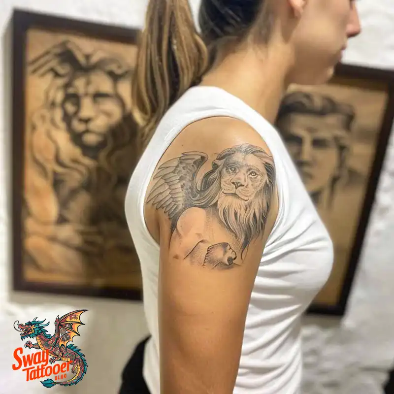 60 Angel and Lion Tattoo Design Ideas: Meaning & History 27 angel and lion34