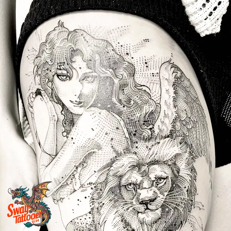 60 Angel and Lion Tattoo Design Ideas: Meaning & History 26 angel and lion35