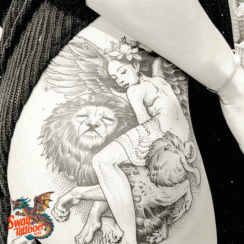 60 Angel and Lion Tattoo Design Ideas: Meaning & History 25 angel and lion36