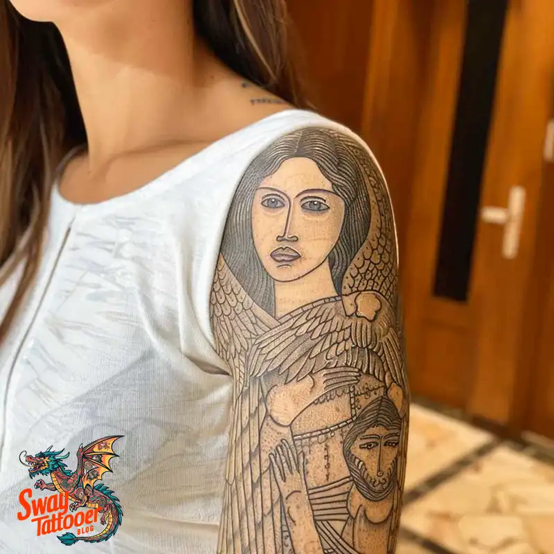 60 Angel and Lion Tattoo Design Ideas: Meaning & History 22 angel and lion40