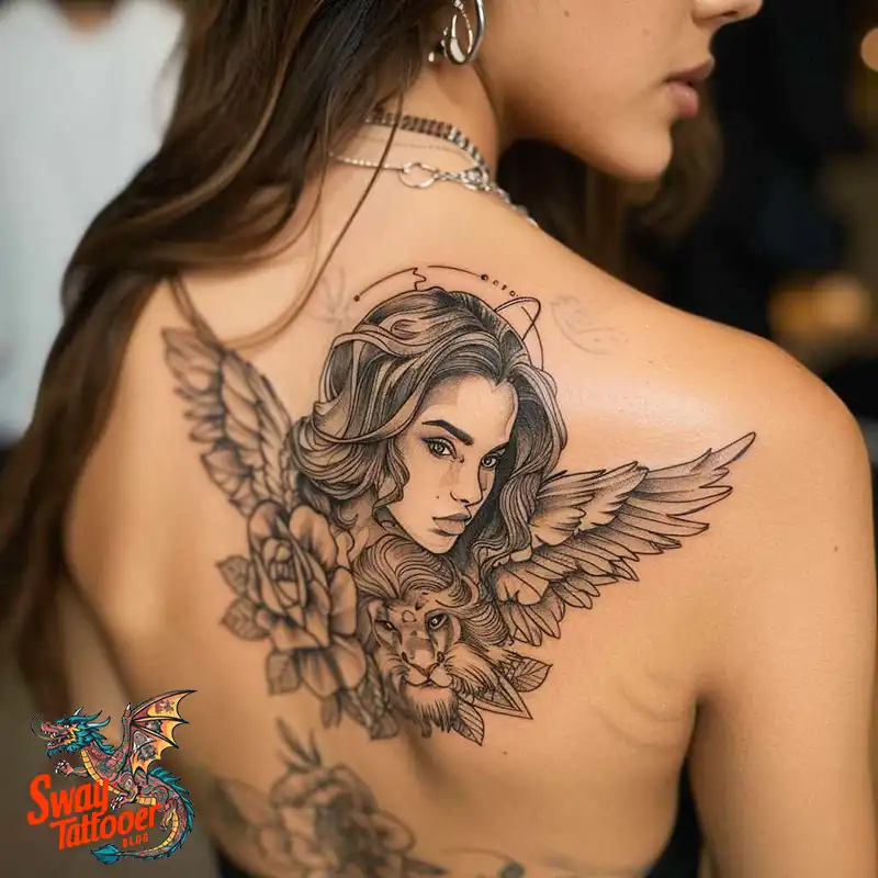 60 Angel and Lion Tattoo Design Ideas: Meaning & History 17 angel and lion44