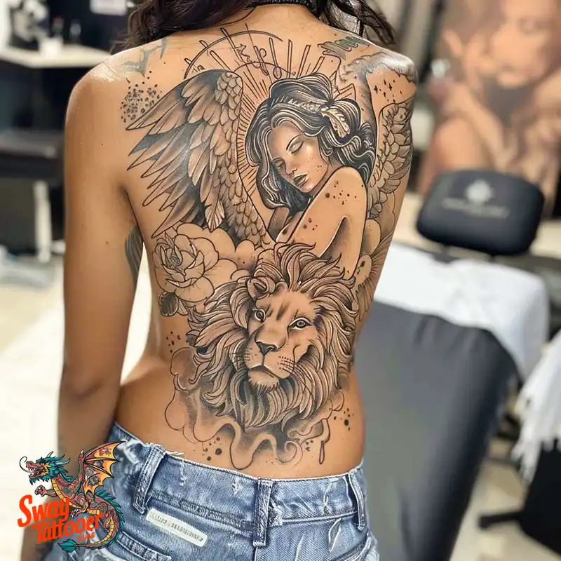 60 Angel and Lion Tattoo Design Ideas: Meaning & History 14 angel and lion47