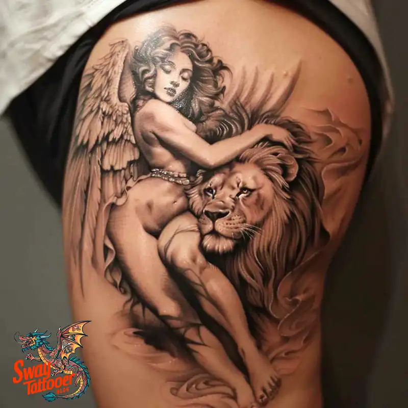 60 Angel and Lion Tattoo Design Ideas: Meaning & History 56 angel and lion5