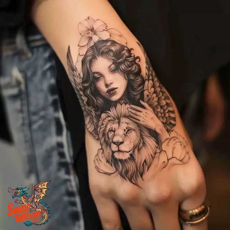 60 Angel and Lion Tattoo Design Ideas: Meaning & History 55 angel and lion6