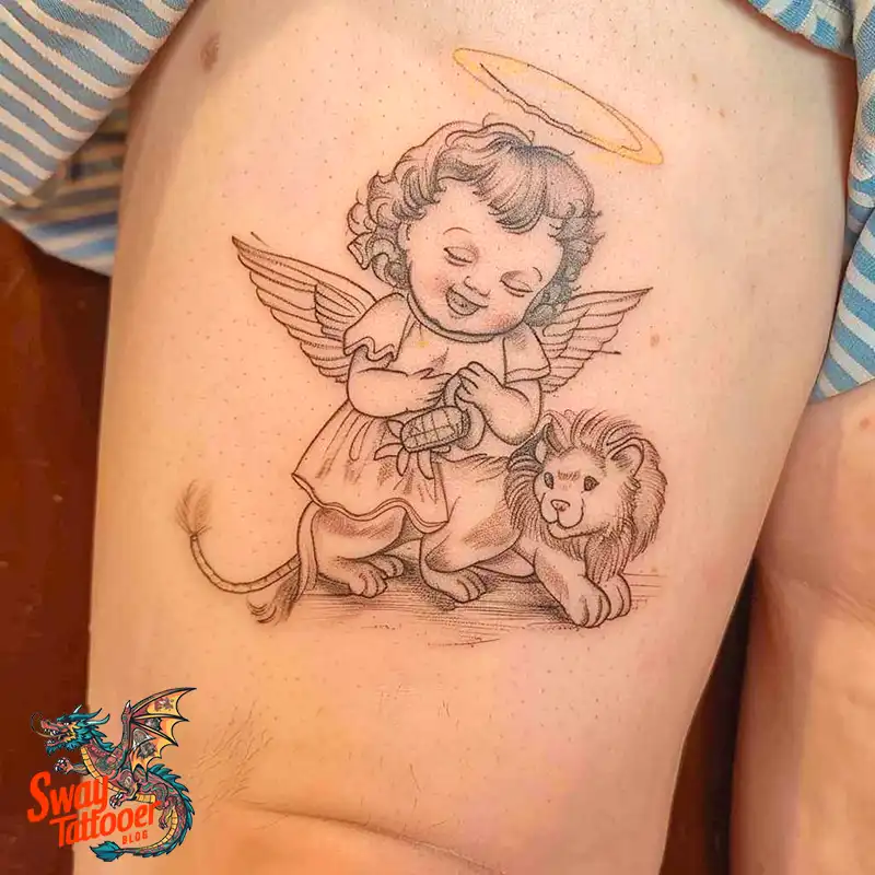 60 Angel and Lion Tattoo Design Ideas: Meaning & History 1 angel and lion60