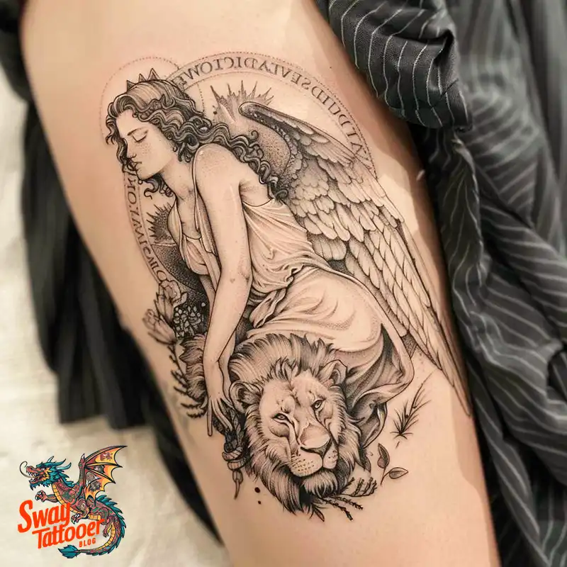 60 Angel and Lion Tattoo Design Ideas: Meaning & History 49 angel and lion7