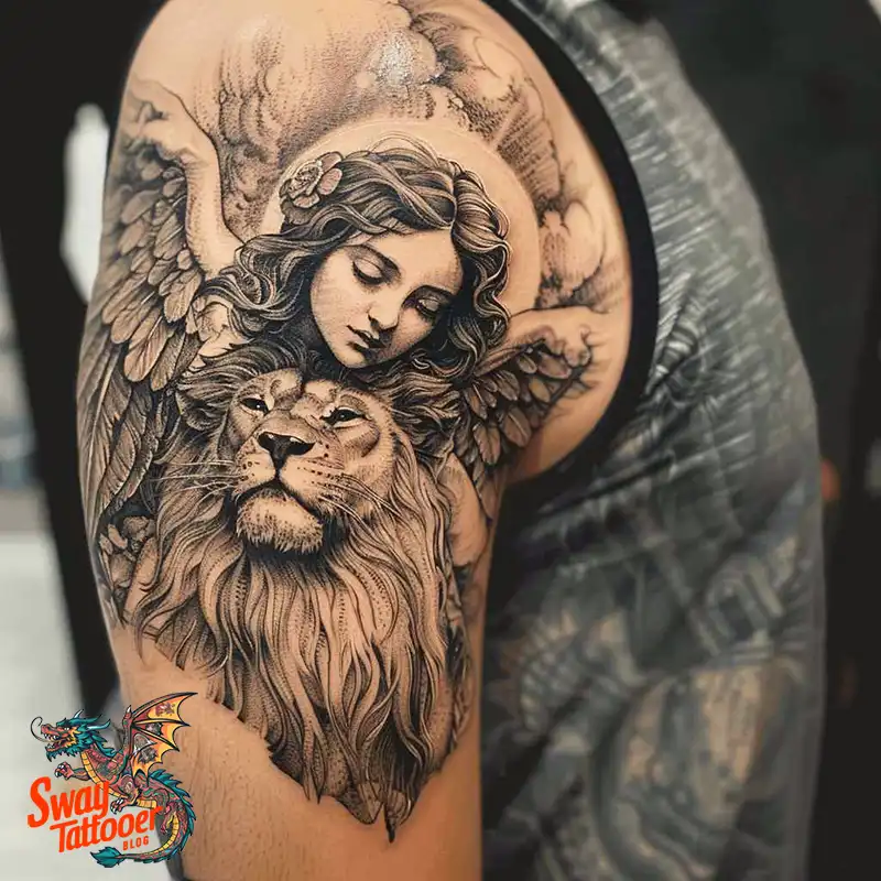60 Angel and Lion Tattoo Design Ideas: Meaning & History 50 angel and lion8