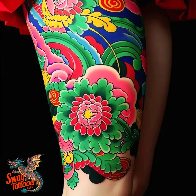 floral thigh tattoo
