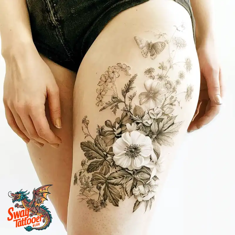 floral thigh tattoo