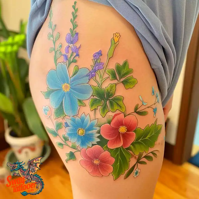 floral thigh tattoo