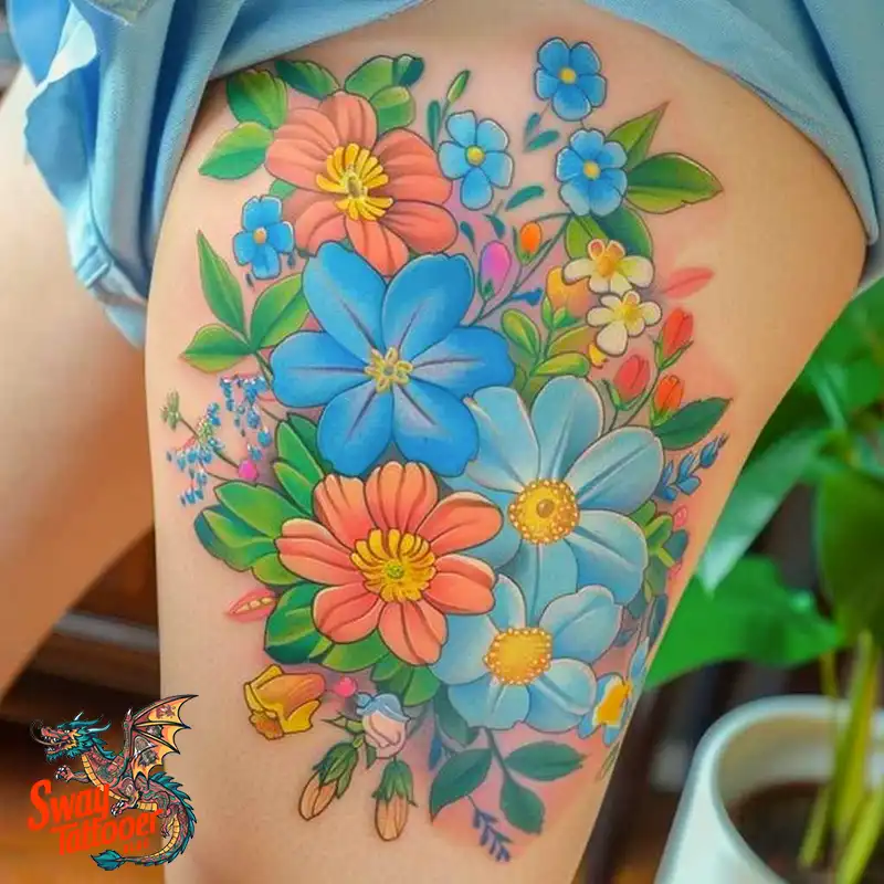 floral thigh tattoo