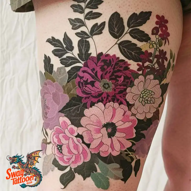 floral thigh tattoo