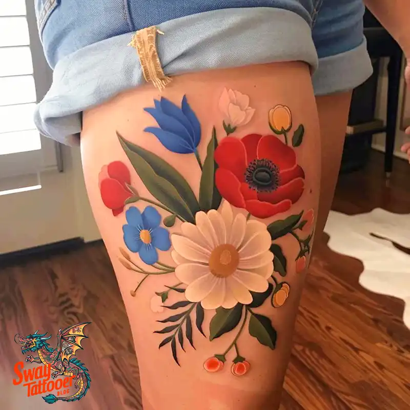 floral thigh tattoo
