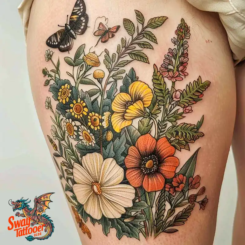 floral thigh tattoo