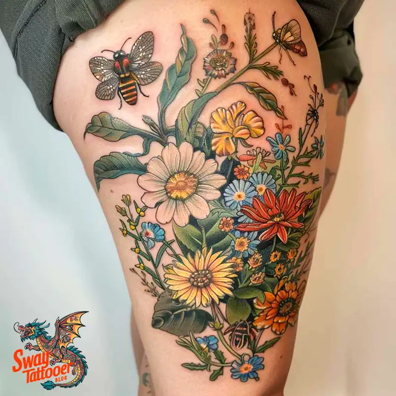 floral thigh tattoo