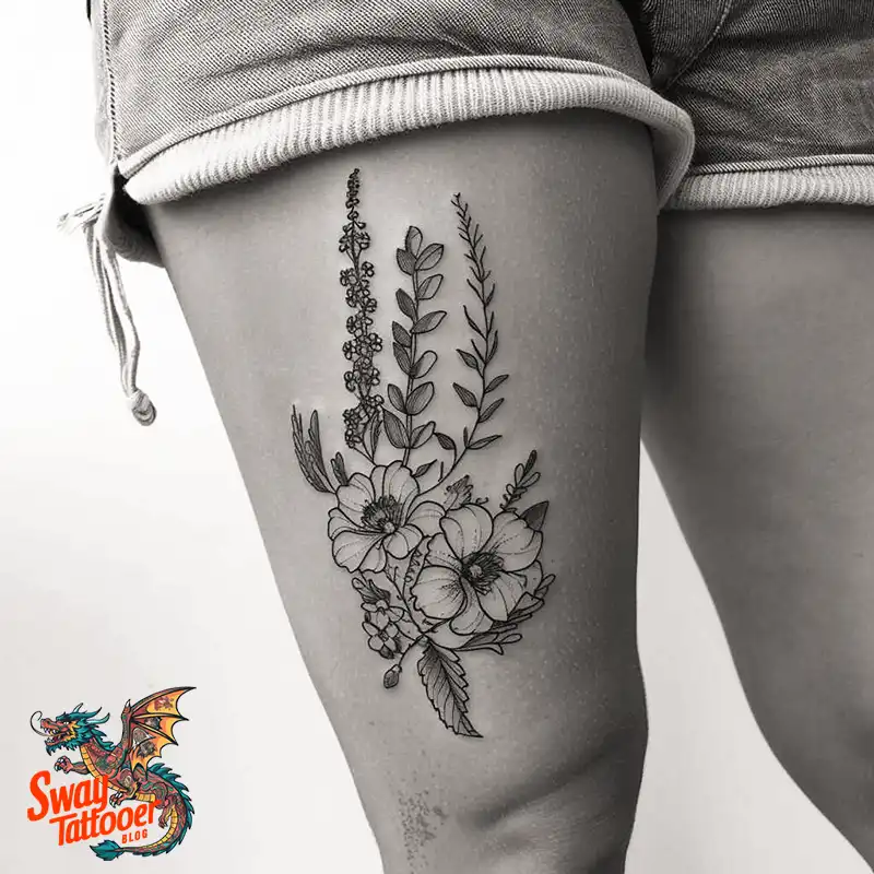 floral thigh tattoo