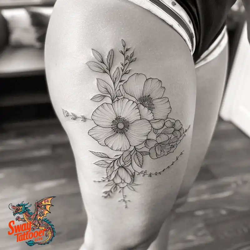 floral thigh tattoo